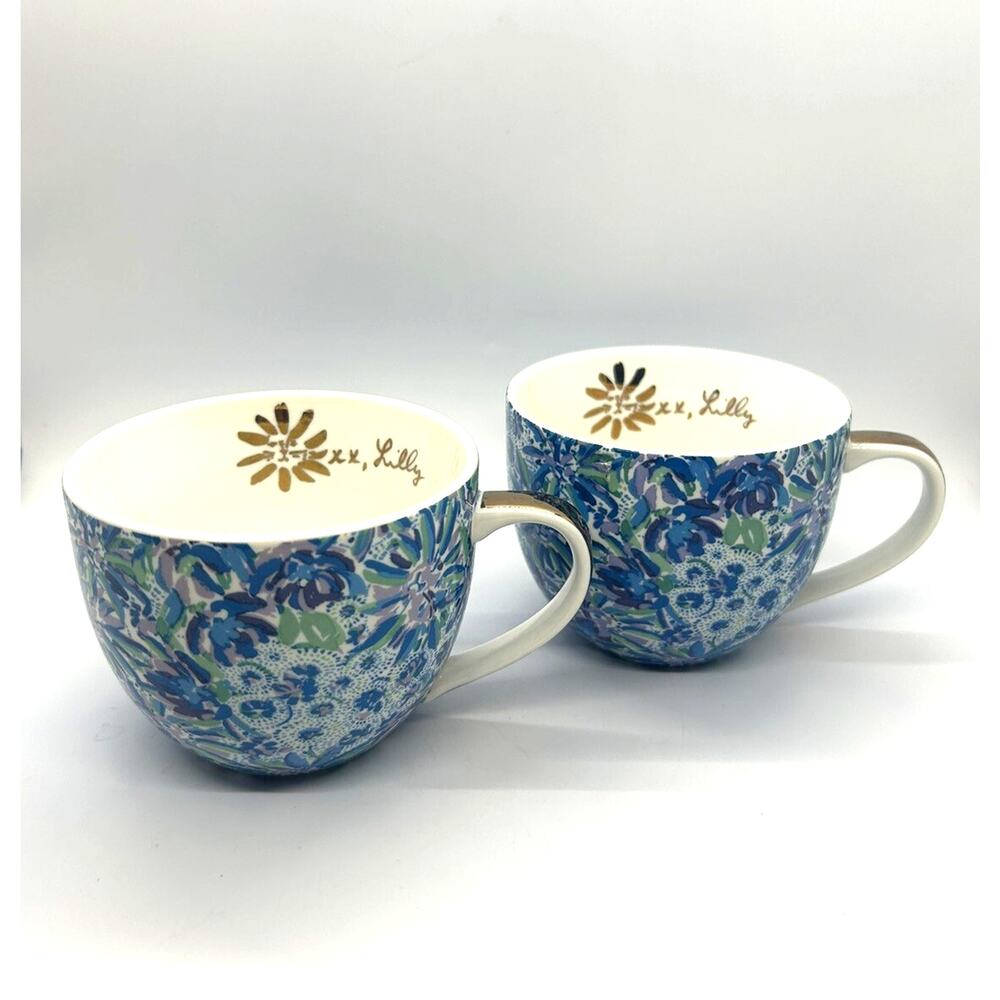 Lilly Pulitzer Hidden Cat Floral Set of 2 Coffee Mug Tea Cups Blue Purple Gold